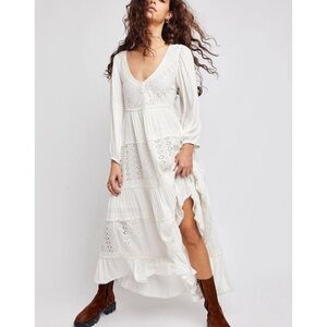 Free People Mockingbird Maxi Dress White Eyelet Lace Boho Wedding XS $148